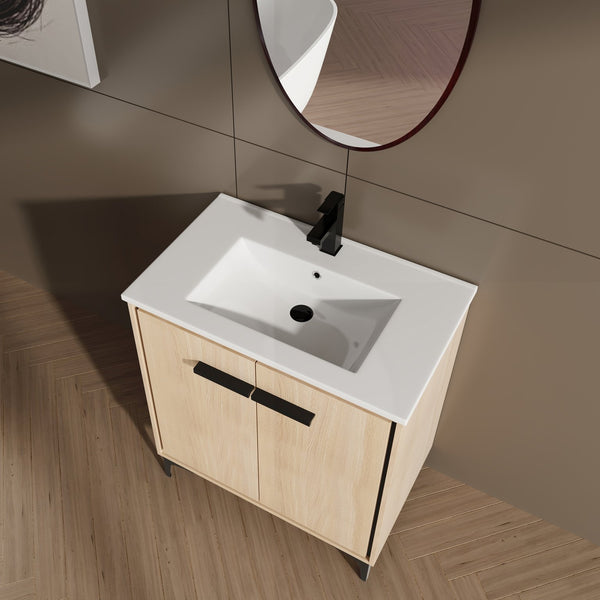 English Elm 30 Inch Oak Bathroom Vanity Base with Basin, Engineered Wood Double-Door Cabinet, Modern Storage W1972S00004