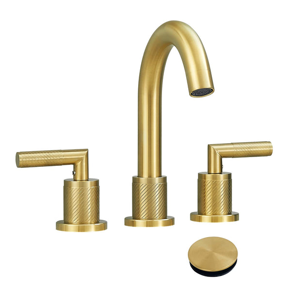 English Elm Gold Brushed Widespread Bathroom Faucet 2-Handle 8" Deck Mount, 360° Swivel, Pop-Up Drain, Hoses T3177P277501