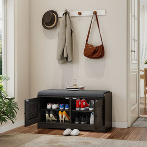 English Elm 28.74"shoe Storage Bench Louvered Cabinet Cushioned Seat Adjustable Shelves Entryway W2948P361401