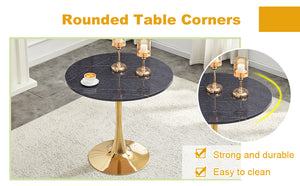 English Elm Round Faux Marble Tulip Pedestal Dining Table Mid Century Modern for Small Bistro Spaces Gold,Gray W2920P405351