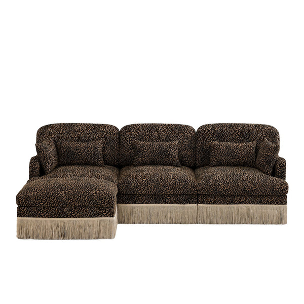 English Elm 100"comfy Chenille Leopard Print Sectional Sofa with Tassel Trim and Movable Ottoman Brown W5656S00014