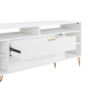 English Elm Dumbo 63" Fluted Media Console with Gold Legs, 2 Drawers, 6 Shelves & Wire Management Elegance White B365P397904