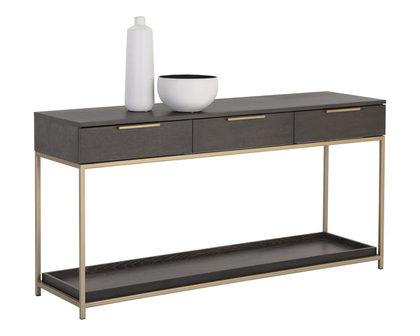 Sunpan Rebel Console Table: Modern Charcoal Oak Design with Soft Close Drawers and Stylish Gold Accents Gold / Charcoal Grey