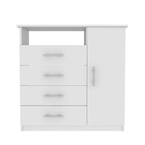 English Elm Baylon 4-Drawer 1-Shelf Dresser in White — Minimalist Concealed Drawers, Open Media Shelf, Compact Storage B062S00137