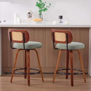English Elm Set of 2 Swivel Counter Stools Walnut Frame Rattan Back Linen Seat Kitchen Island Light Green W1143P392172