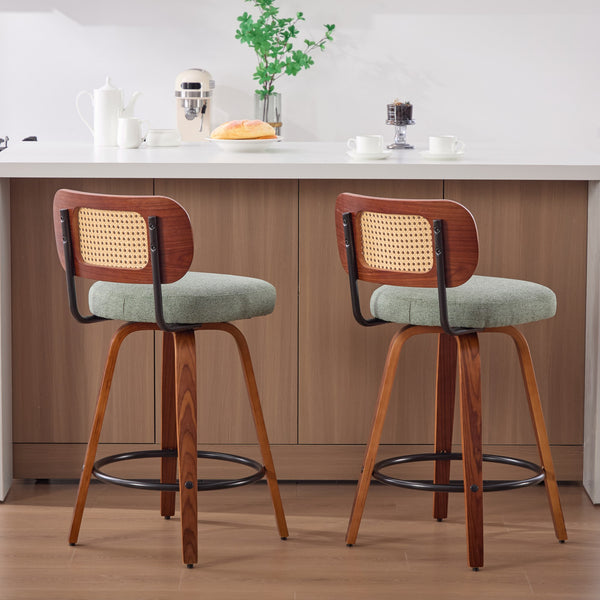 English Elm Set of 2 Swivel Counter Stools Walnut Frame Rattan Back Linen Seat Kitchen Island Light Green W1143P392172