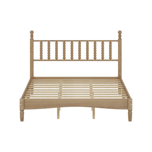 English Elm Queen Wood Platform Bed with Gourd-Shaped Headboard, Retro-Inspired Solid Frame, Slat Support, Sturdy Elegance Natural 64.8 L x 17.5 W x 9.5 H N733P206242M