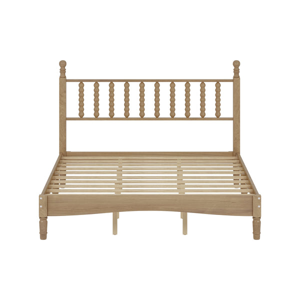 English Elm Queen Wood Platform Bed with Gourd-Shaped Headboard, Retro-Inspired Solid Frame, Slat Support, Sturdy Elegance Natural 64.8 L x 17.5 W x 9.5 H N733P206242M