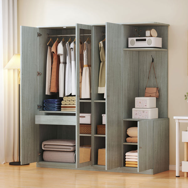 English Elm 4-Door Wardrobe with Full-Length Mirror, Dust-Proof Compartments, Shoe Door & Anti-Tip Safety Features Gray N820S00056E