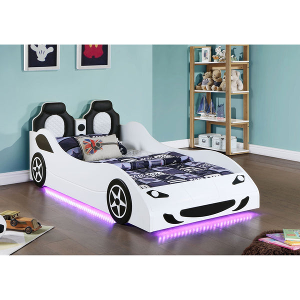 English Elm Solana Race Car Twin Bed with LED Underglow Lights, Padded Headboard, White Wood, Playful Design B062S01109