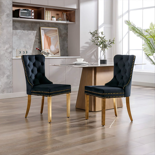English Elm Hengming Tufted Wingback Velvet Dining Chairs Nailhead Trim Formal Set of 2 Black W212P465073