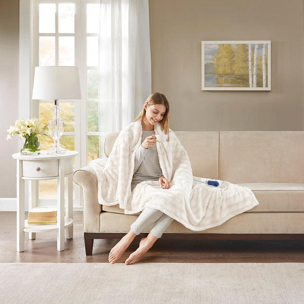 JLA Home Beautyrest - Faux Fur Heated Throw Oversized Plush Electric Blanket with Low-EMF Secure Comfort Heating, OEKO-TEX Certified Ivory BR50-0751