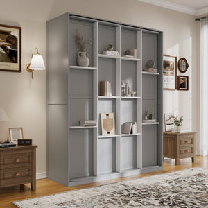 English Elm Rotating Queen Murphy Wall Bed with 14 Open Shelves Hydraulic Lift Space Saving Gray LP000962AAE