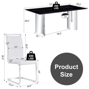 English Elm Table Set With Glass Top & 6 Stylish White Pu Chairs - Modern Dining Elegance For Family Gatherings W1151S02599-GIGA