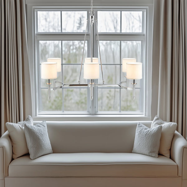 JLA Home Hampton Hill - 6-light Hampton Hill Bedford Chandelier with Fabric Drum Shades, Adjustable Chain, Transitional Glow MT150-0079