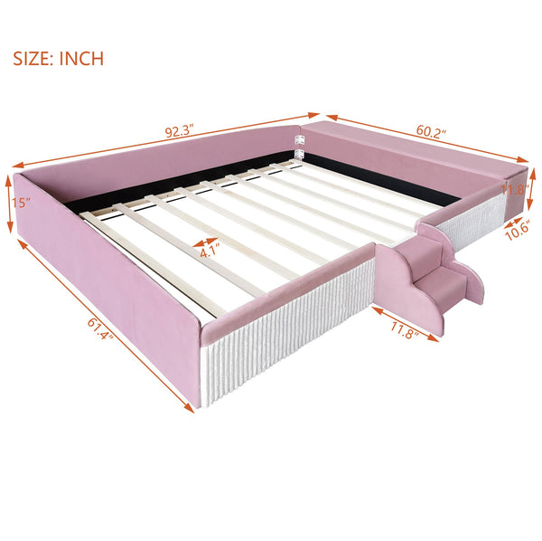 English Elm Queen Velvet Daybed with Built-in Stairs Gas Lift Storage and Padded Safety Rails Pink+White SF000203AAH