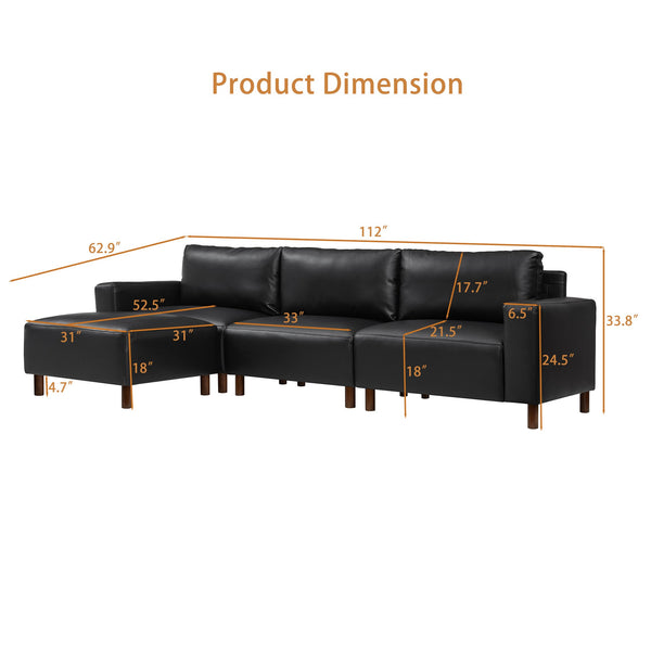 English Elm Modern Pu Leather L-shaped Sectional with Convertible Ottoman Chaise for Living Rooms Black W1097S00261