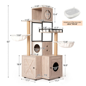 English Elm 63" Rustic Gray Cat Tower with Hidden Litter Enclosure Sisal Posts and Washable Perch W1687P304383