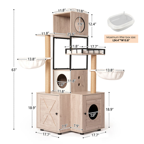 English Elm 63" Rustic Gray Cat Tower with Hidden Litter Enclosure Sisal Posts and Washable Perch W1687P304383