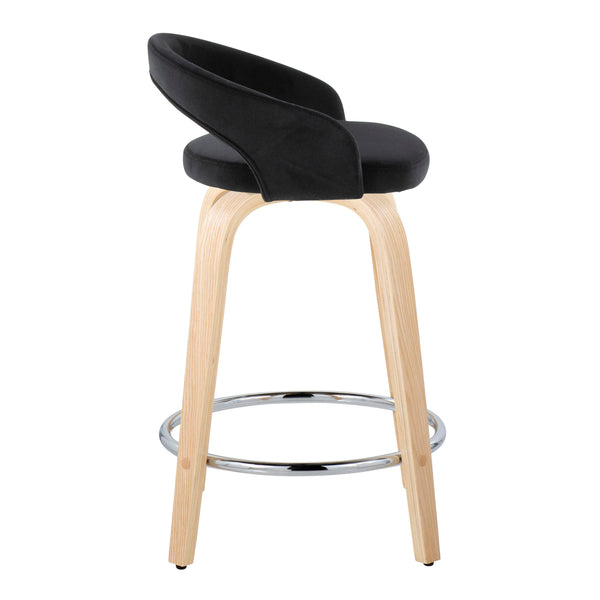 English Elm Fixed-height Swivel Counterstools with Velvet Seats Bent Wood Legs Chrome Footrest Set of 2 B202S01763