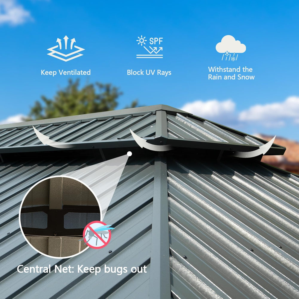 English Elm 14x22FT Hardtop Gazebo Metal Pavilion with Galvanized Double Roof, Aluminum Frame, Gutter, Curtains & Netting Grey W1859S00105