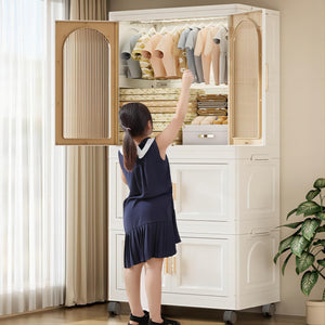 English Elm 25.59" Folding Wardrobe Cabinet on Wheels with Magnetic Door and Hanging Rod Storage W2873P207533