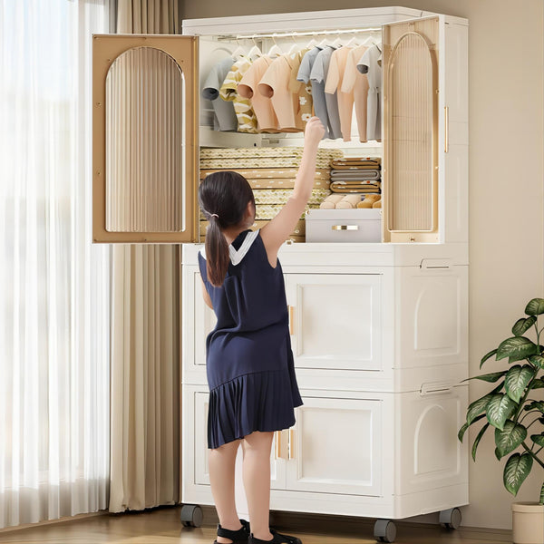 English Elm 25.59" Folding Wardrobe Cabinet on Wheels with Magnetic Door and Hanging Rod Storage W2873P207533