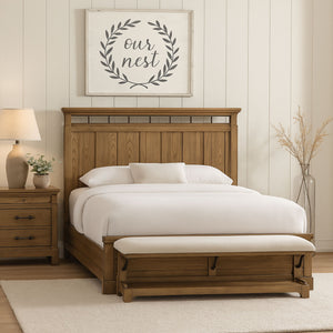 English Elm 2 Drawer Nightstand with Hidden Pull-Out Tray, Caramel Elm Veneer, Rustic Farmhouse Style, Solid Wood Finish B2699P353071