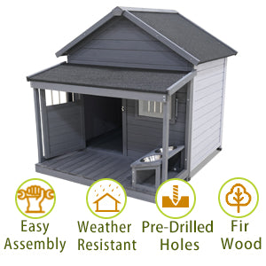 English Elm Large Breed Outdoor Doghouse Solid Fir Wood Covered Porch Weatherproof Asphalt Roof W1431S00004