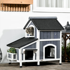 English Elm PawHut Weatherproof Outdoor Cat House with Raised Floor, Garden Planter & Multiple Entrances for Comfort and Play Gray W2225P217560