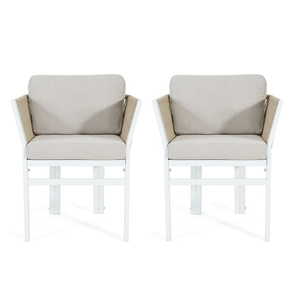 English Elm Outdoor Woven Rattan Aluminum Dining Chairs Set of 2 Coastal Patio Seating Beige,White N779P368549W