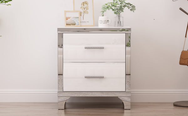 English Elm Elegant High Gloss Nightstand with Mirrored Accents and Metal Handle, 2-Drawer Modern Storage Table for Bedroom and Living Room, Sleek MDF Design White 26.77 L x 18.9 W x 11.22 H N733P205356K
