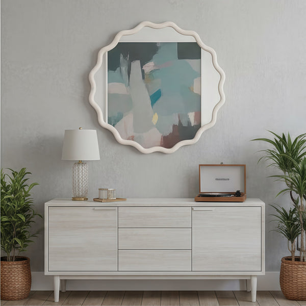 English Elm White 36 Inch Wavy Round Solid Wood Frame Mirror – Rustic Boho Decorative Wall Mirror for Home Vanity W2203P389085
