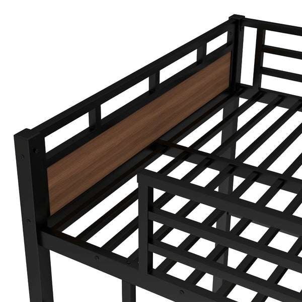 English Elm Full Xl Metal Bunk Bed In Walnut - Versatile Separable Loft Bed With Safety Fence & Strong Frame W1580S00229