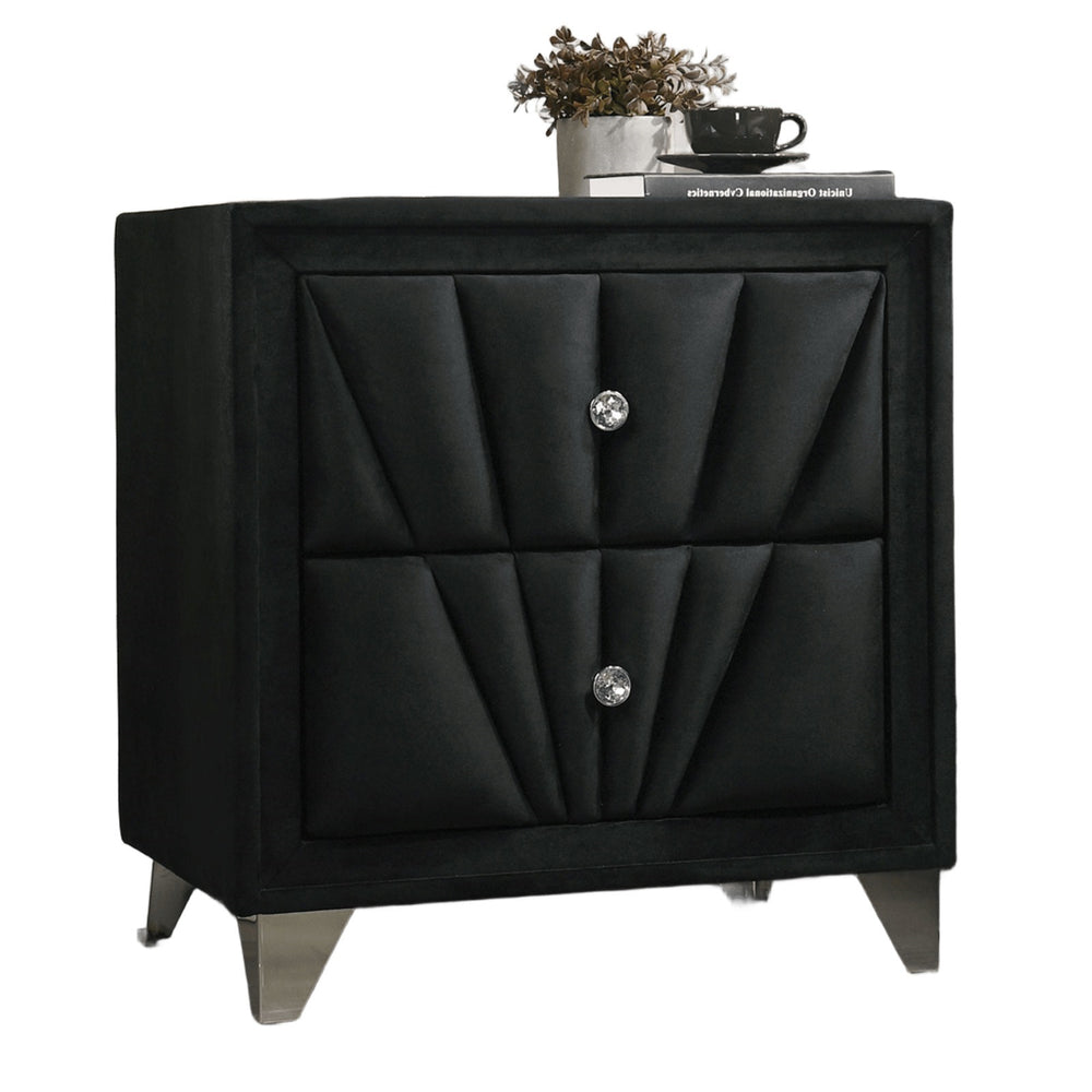English Elm Gorgeous Art Deco Upholstered Nightstand with Velvet Finish, Glass Top, Crystal Knobs & Chrome Legs Black 29 L x 20 W x 25 H B2741P320907
