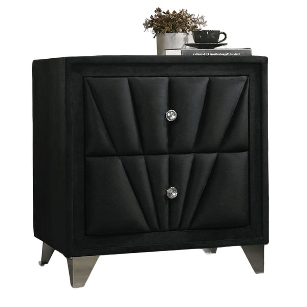 English Elm Gorgeous Art Deco Upholstered Nightstand with Velvet Finish, Glass Top, Crystal Knobs & Chrome Legs Black 29 L x 20 W x 25 H B2741P320907