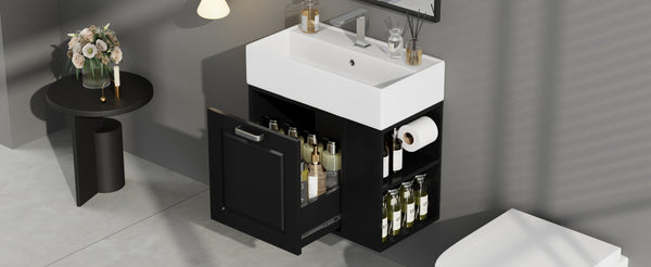 English Elm Christopher Knight Home® - 21.8" Wall-Mounted Bathroom Vanity with Ceramic Sink, Soft-Close Drawer, Adjustable Shelves & Tissue Holder Black N759P292550B