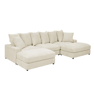 English Elm Reversible Corduroy Sectional with Ottoman Foam Cushions and Contrast Stitching Ivory B343S00049