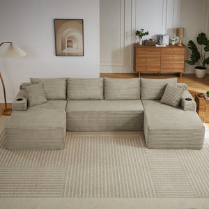 English Elm Compressible Modular U-shaped Sectional Corduroy Cloud Sofa for Spacious Living Rooms Camel W2339S00100