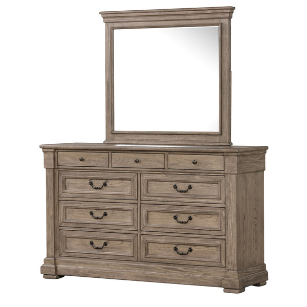English Elm Weathered Gray Elm Veneer Dresser with Mirror Dovetail Drawers for Modern Bedroom B2741S00932