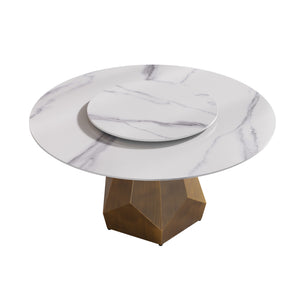 English Elm 59.05" Round Artificial Marble Dining Table With Metal Base & Turntable For 6-8 People, White Elegance W1535S00376