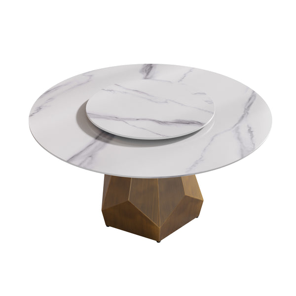 English Elm 59.05" Round Artificial Marble Dining Table With Metal Base & Turntable For 6-8 People, White Elegance W1535S00376