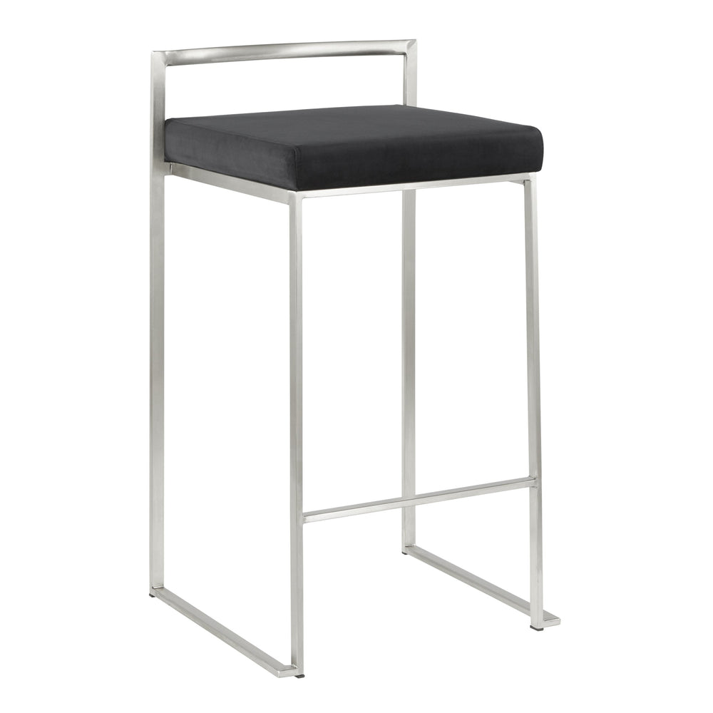 English Elm Fuji Contemporary Stackable Counter Stools - Sleek Stainless Steel & Plush Black Velvet Cushion Pair B202P221930