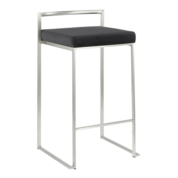 English Elm Fuji Contemporary Stackable Counter Stools - Sleek Stainless Steel & Plush Black Velvet Cushion Pair B202P221930