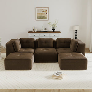 English Elm Modern Corduroy Sectional Sofa with Tufted Cushions Dual Ottomans and Deep Seating Brown W714S01809