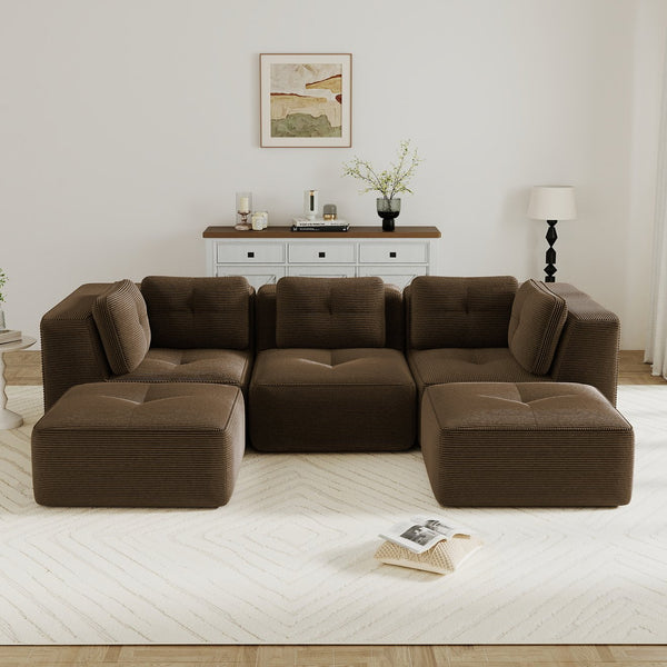 English Elm Modern Corduroy Sectional Sofa with Tufted Cushions Dual Ottomans and Deep Seating Brown W714S01809