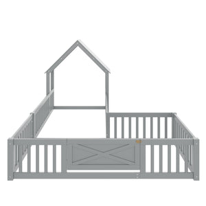 English Elm Twin House Floor Bed with Door and Full-Length Guardrails, Solid Wood Double Twin Floor Bed for Kids' Playful Rooms Grey W1580P354638