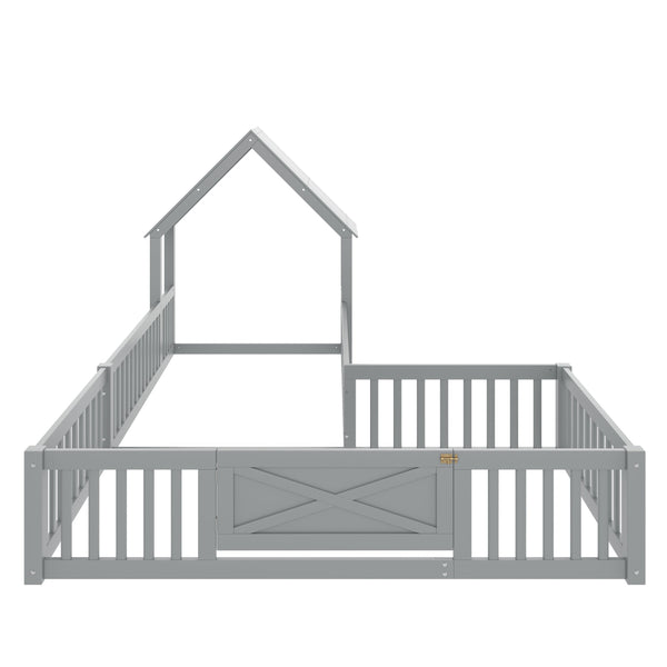 English Elm Twin House Floor Bed with Door and Full-Length Guardrails, Solid Wood Double Twin Floor Bed for Kids' Playful Rooms Grey W1580P354638