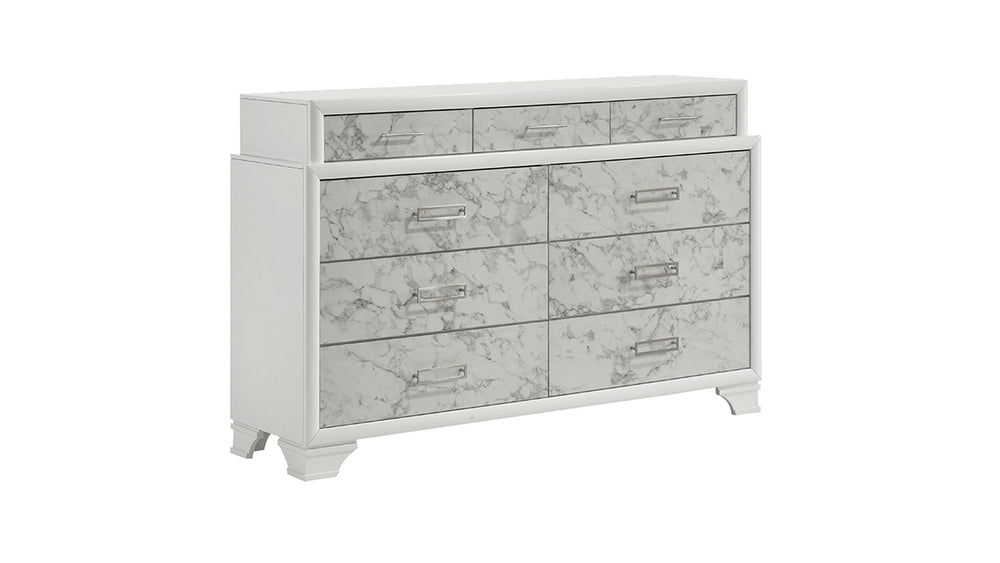 English Elm Soul White Modern Dresser with Marble-Pattern Fronts, 3 Small + 6 Large Drawers, Smooth Slides, Silver Handles B009P309603