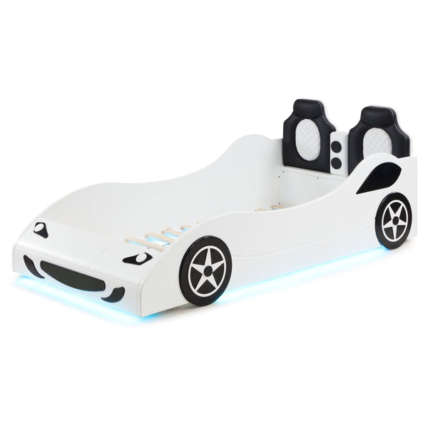 English Elm Solana Race Car Twin Bed with LED Underglow Lights, Padded Headboard, White Wood, Playful Design B062S01109